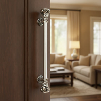 Rustic Silver Brass Door Handle: Ornate Entrance Hardware