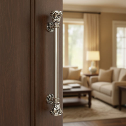 Rustic Silver Brass Door Handle: Ornate Entrance Hardware