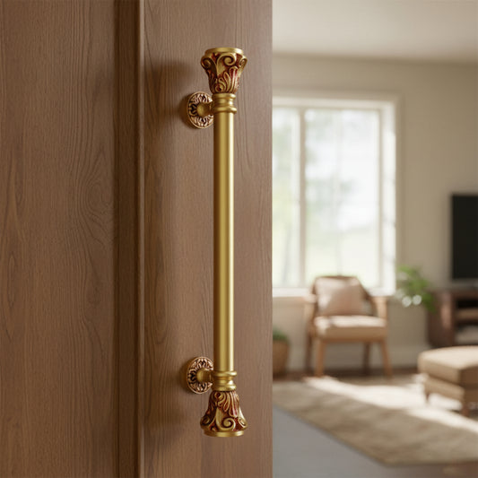 Matt Gold Red Brass Door Handle: Ornate Entrance Hardware