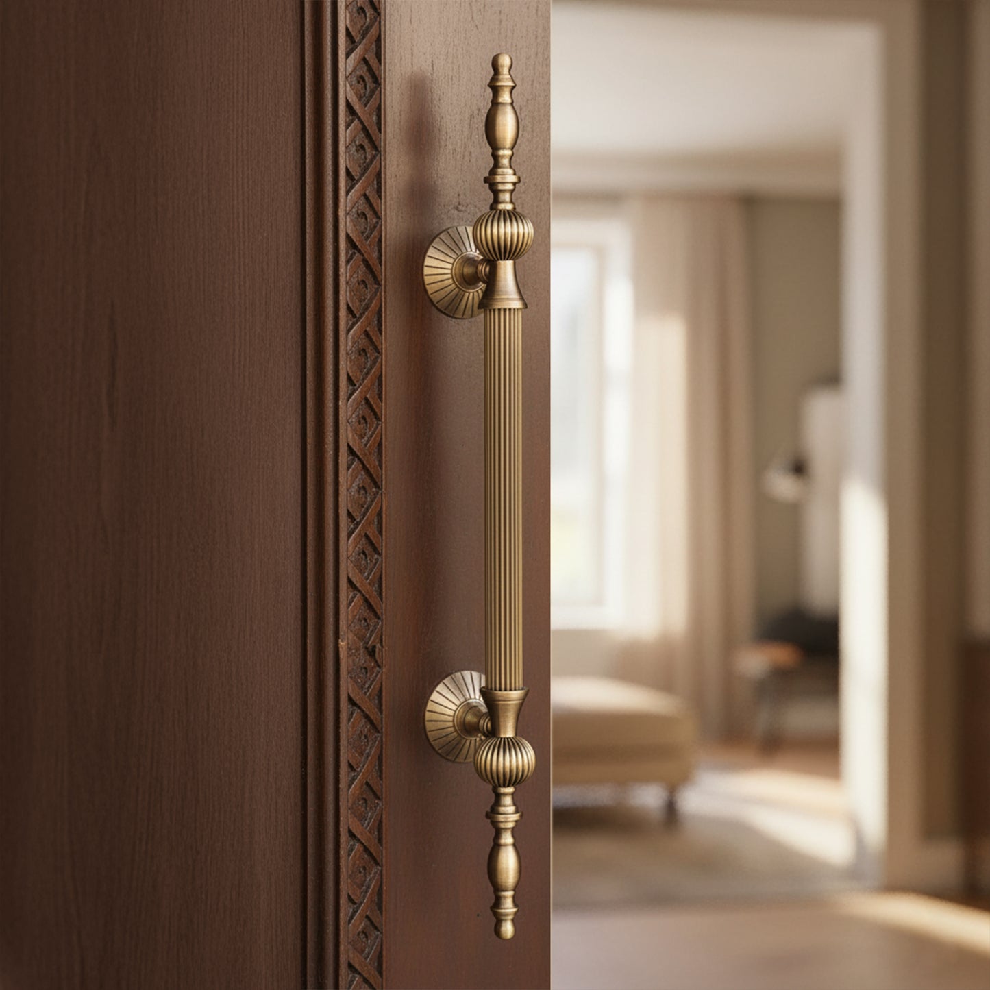 24" Matt Antique Brass Door Handle: Ornate Entrance Hardware