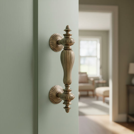 Heavy Vintage Brass Door Handle: Ornate Entrance Hardware