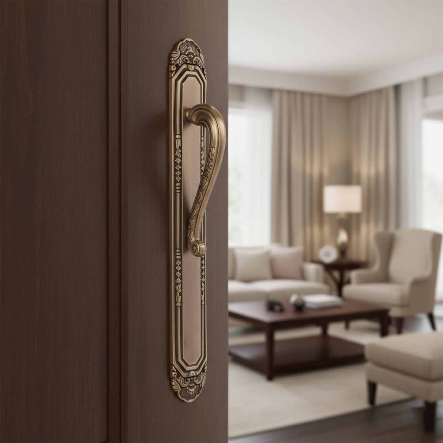 Carving Antique Plate Brass Door Handle: Ornate Entrance Hardware