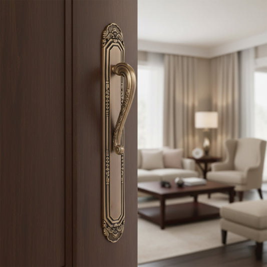 Carving Antique Plate Brass Door Handle: Ornate Entrance Hardware