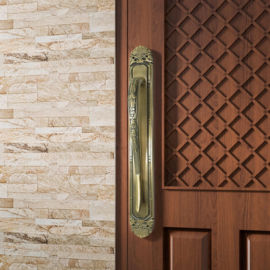 Pure Brass Antique Plate Door Handle for Main Door Royal Vintage Pull Handles With Backplate - 1 Pcs